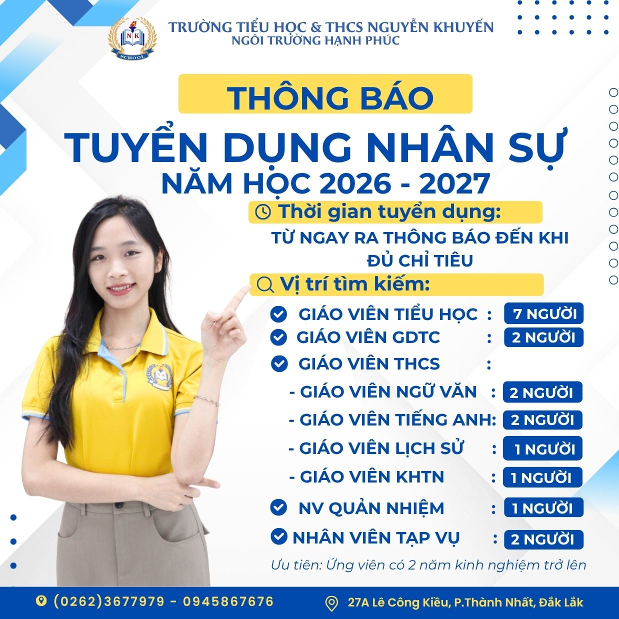 THÔNG BÁO TUYỂN DỤNG NĂM HỌC 2026 – 2027